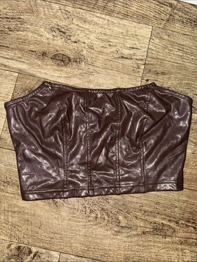 SHEIN Brown Faux Leather Strapless Crop Top